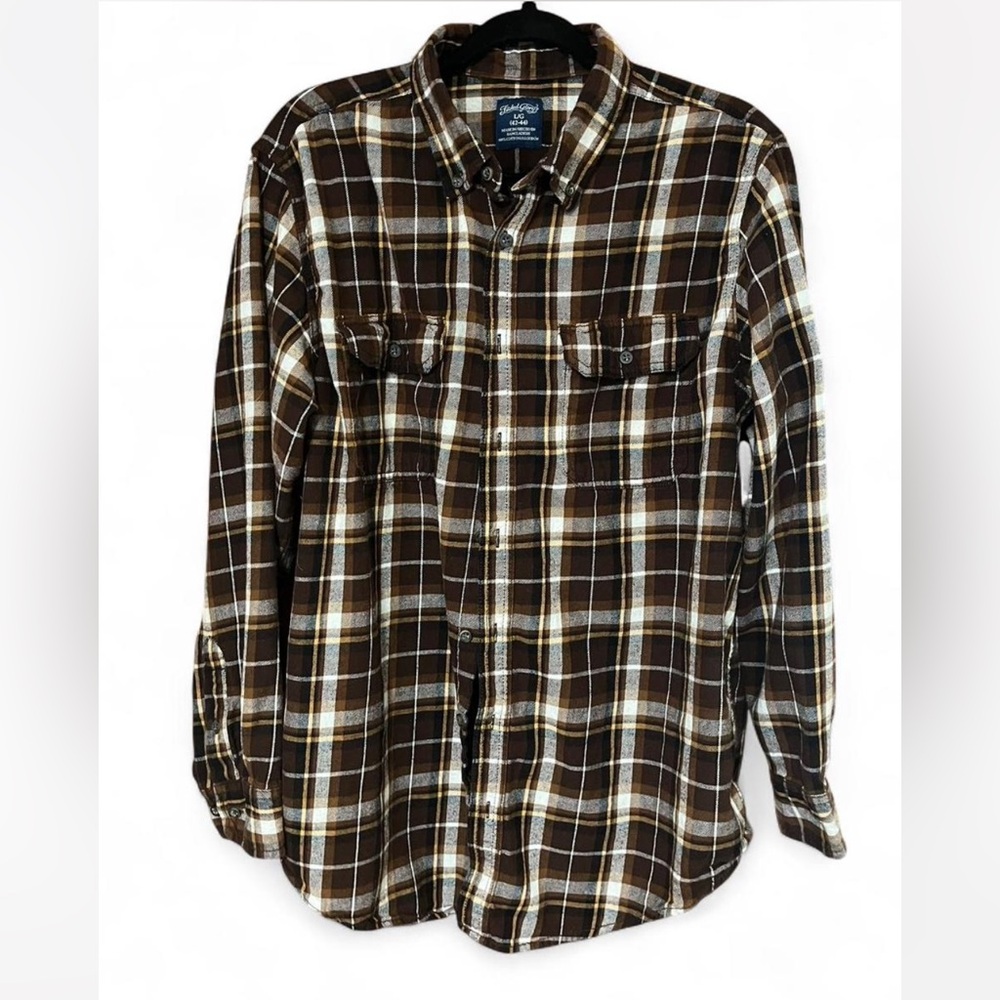Faded Glory 100% Cotton Men's Brown and White Plaid Button Down Shirt Size L